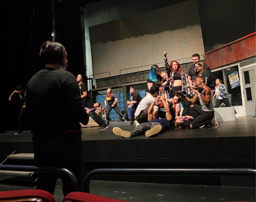 Cast members rehearse for the opening of American Idiot, at Harper starting November 15. Photo by Julia Park. 
