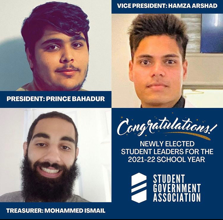 Student government election winners Prince Bahadur, Hamza Arshad and Mohammed Ismail have their pictures displayed on a flyer announcing their win. This flyer was posted on Instagram on Oct. 25, 2021. Photo courtesy of Student Engagement.