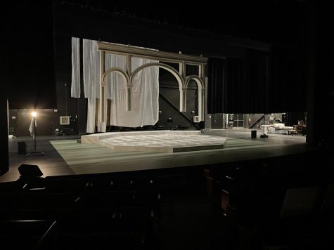 The Harper College of Performing Arts Center stage is shown during the day with the set of the current production of Sense and Sensibility directed by Kevin Long. (Photo by Jonah Parra.)
