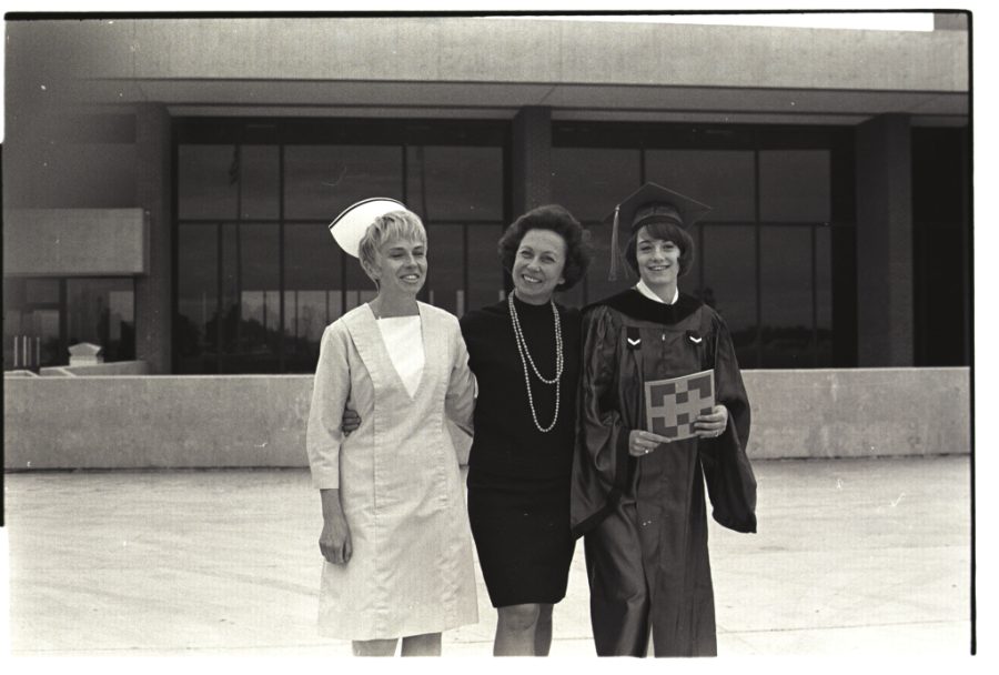 Board members and graduates celebrate together at Harper Colleges second commencement in 1970. (Photo courtesy of Harper Archives.)