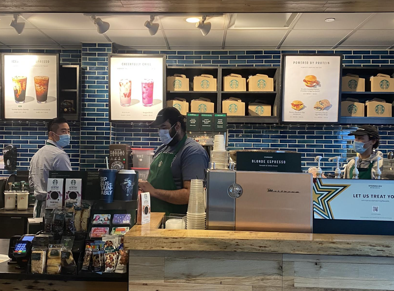 Brian Gedemer, the executive chef, working with a student worker at Starbucks on April 14, 2022. (Photo by Khushi Gandhi.)