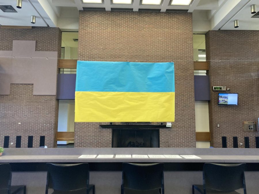 The Ukrainian flag hung in building A in solidarity with the country. (Photo by Ethan McClanahan)