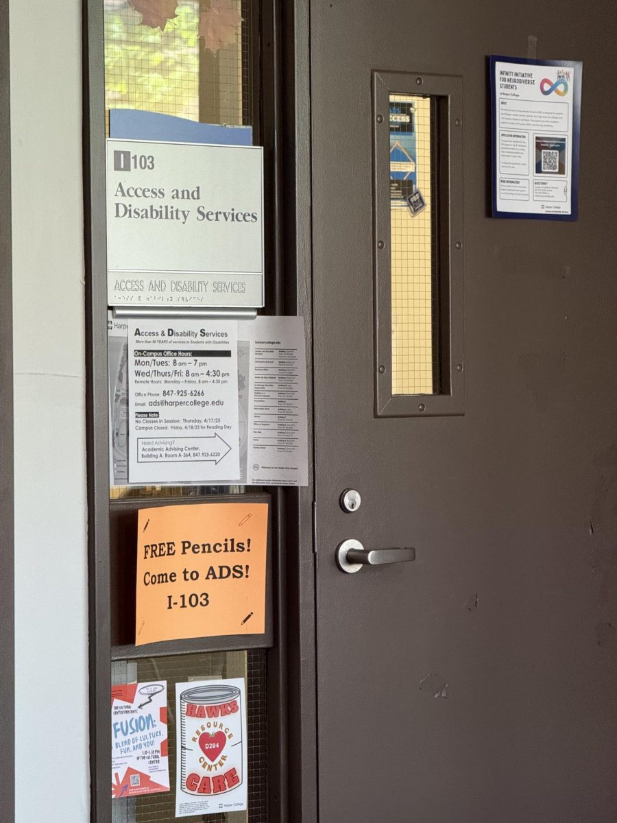 Entrance to Harper College’s Access and Disability Services office, photographed on May 7, 2025. A flyer for the new Infinity Initiative for Neurodiverse Students is displayed on the door, promoting support resources ahead of the fall semester. Photo by Sara Seagraves.
