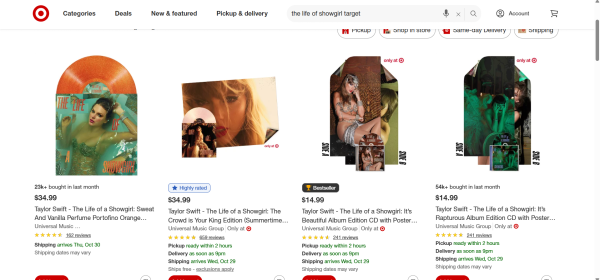 Screenshot of "The Life of a Showgirl" limited edition CDs and Vinyl at Target, with other limited edition music sold in different stores.
