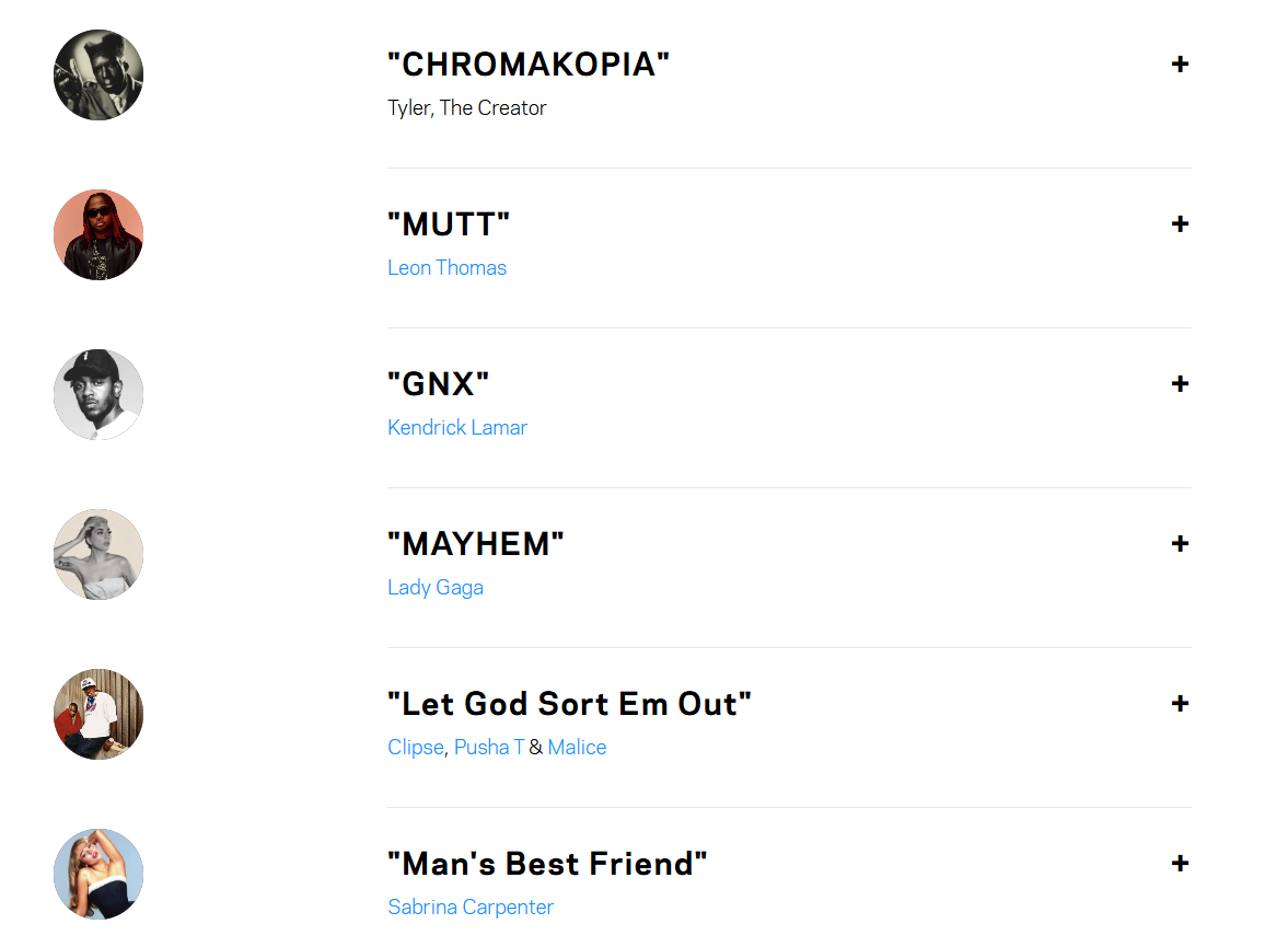 Screenshot of the Grammys official website, displaying some of the nominees.